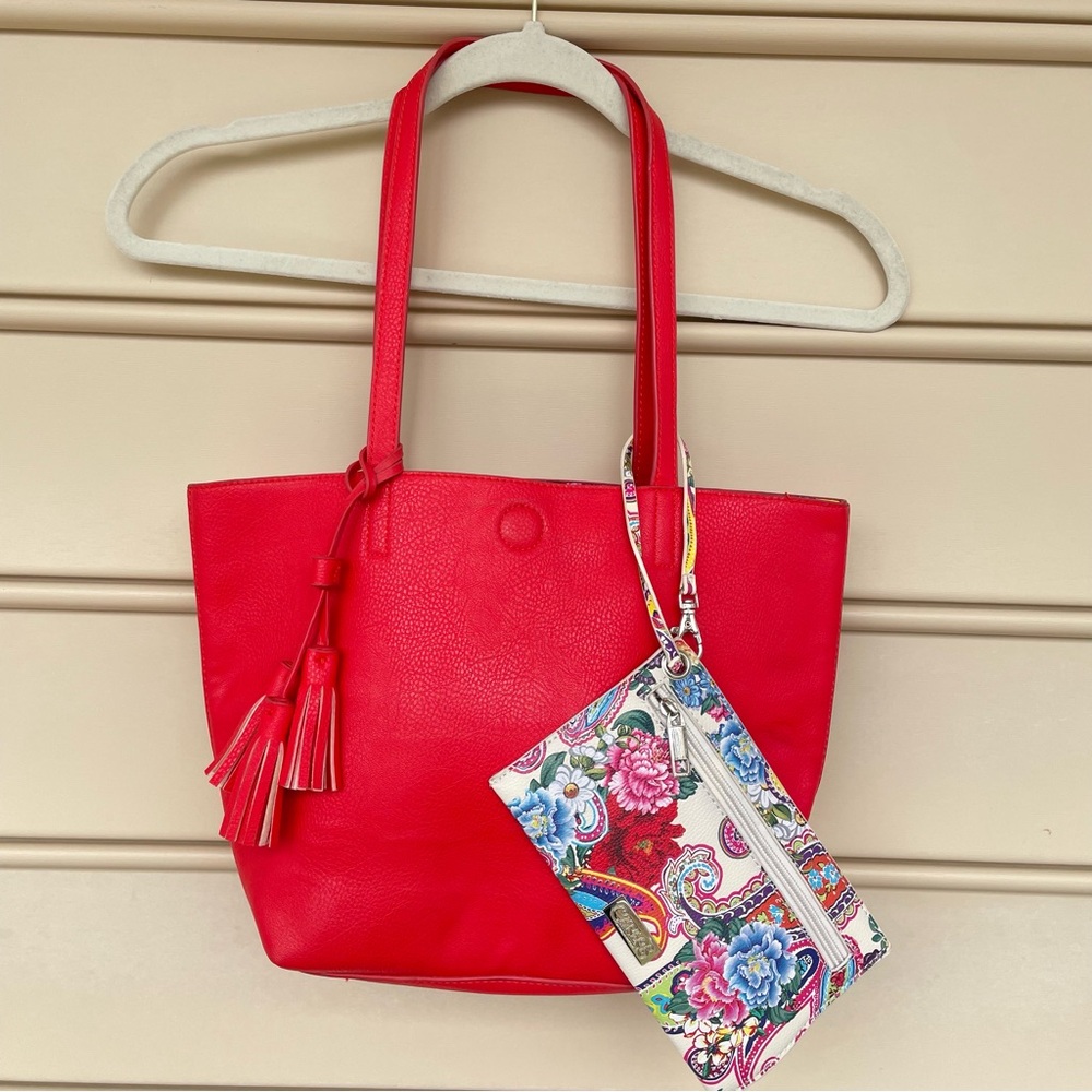 Carlos Santana Bright Red Shoulder Bag with Vibrant Floral Print Clutch